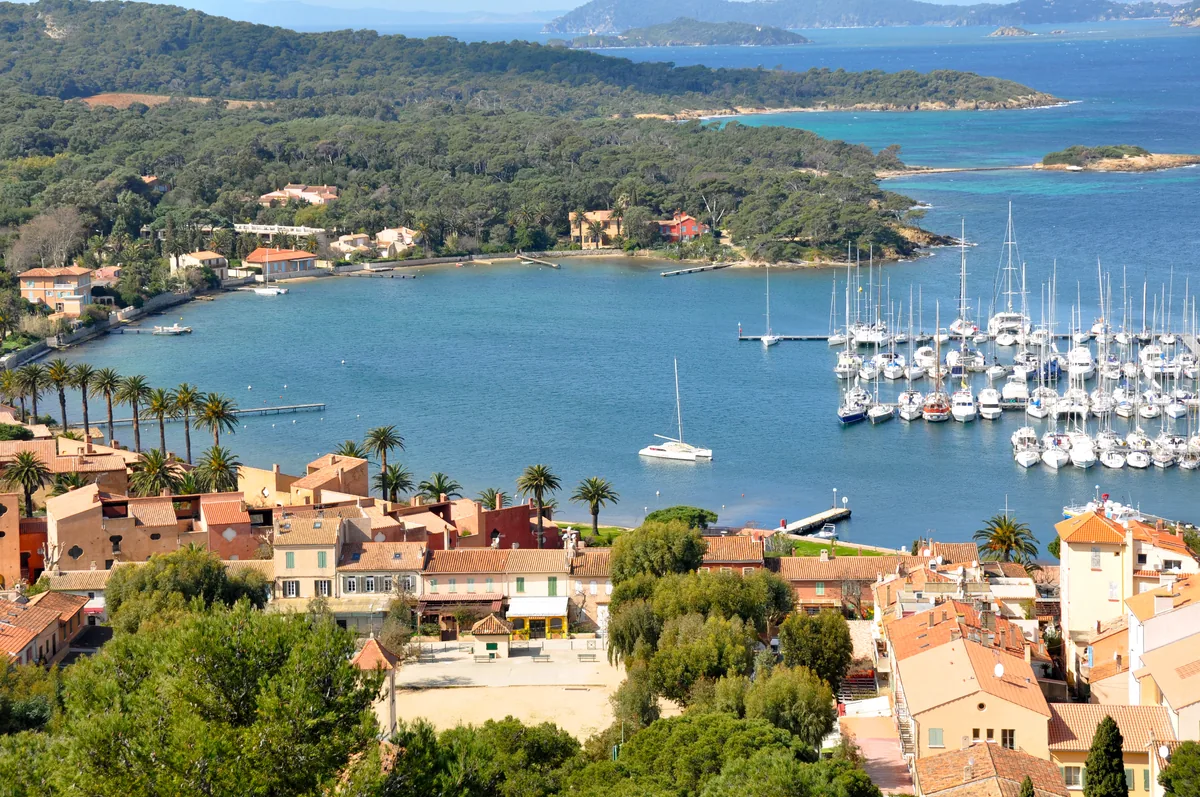 Porquerolles harbour and village rooftops